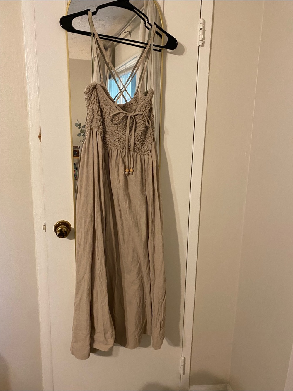Neuflora Beige Smocked Sundress with Tie Detail
